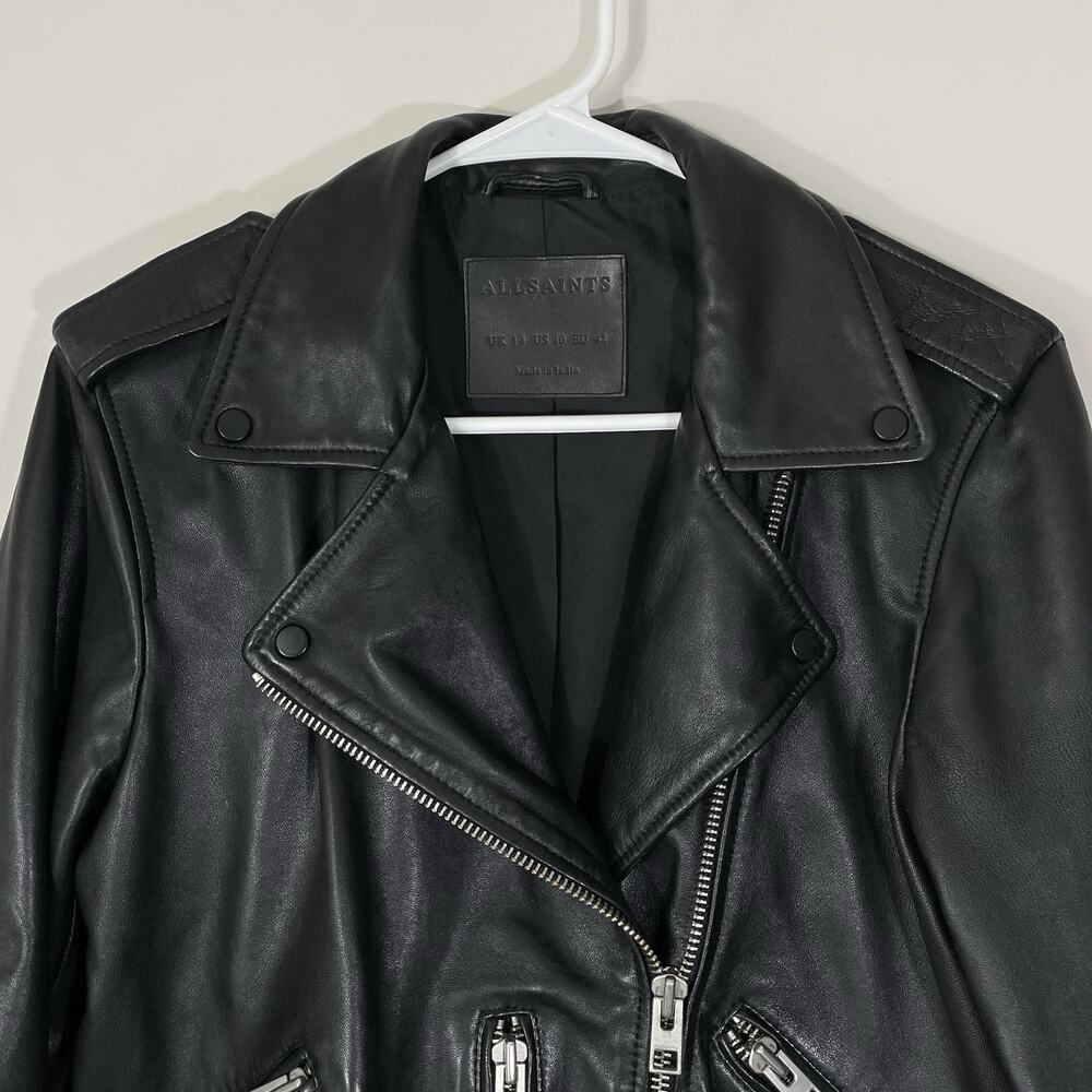All Saints Balfern Leather Biker Jacket Women's Size US 10 Black Moto Belted - Picture 3 of 8
